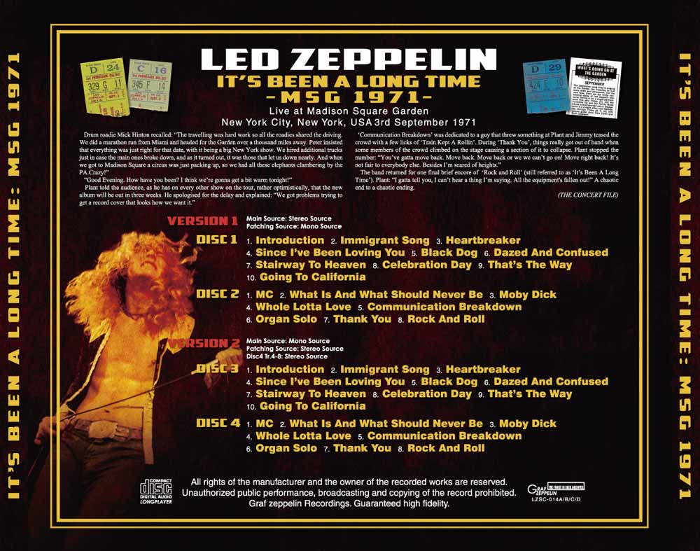 近日入荷】LED ZEPPELIN - IT'S BEEN A LONG TIME -MSG 1971-(4CD+